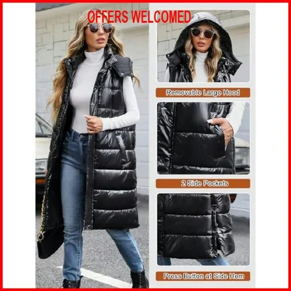 Women's Long Puffer Vest Sleeveless Jacket Zip Up Hooded Quilted